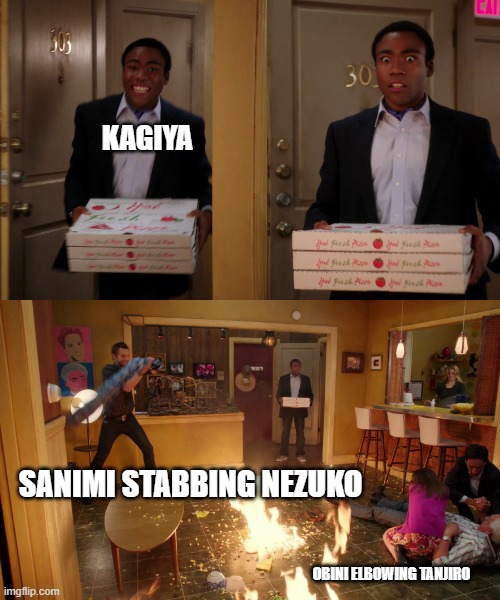 the first hasera meeting was lit | KAGIYA; SANIMI STABBING NEZUKO; OBINI ELBOWING TANJIRO | image tagged in coming back with pizza,demon slayer | made w/ Imgflip meme maker