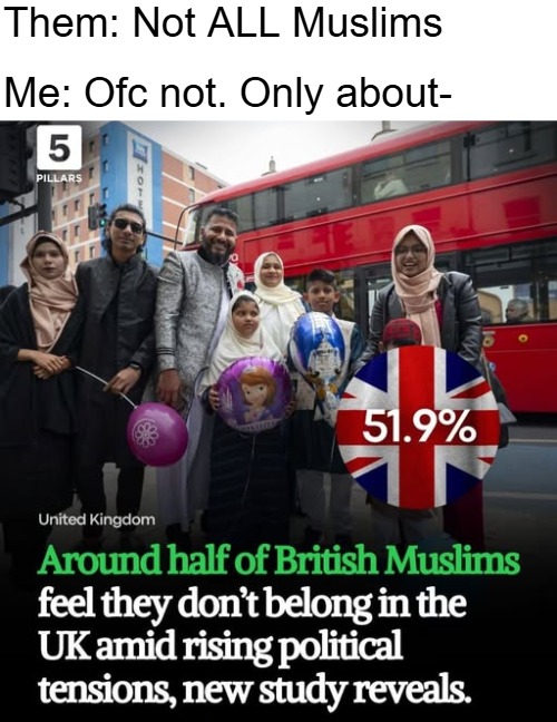 Cultural pressure sorts them out | Them: Not ALL Muslims; Me: Ofc not. Only about- | image tagged in muslims,uk,great britain,immigration,politics | made w/ Imgflip meme maker