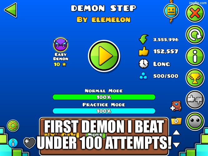 Demon #21 for me btw | FIRST DEMON I BEAT UNDER 100 ATTEMPTS! | made w/ Imgflip meme maker