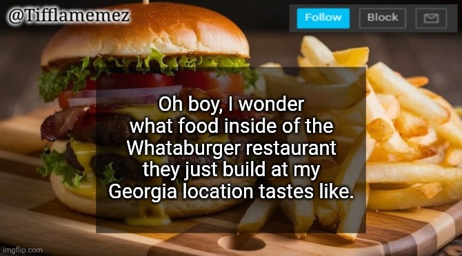Heard that Whataburger had mixed reviews or sum ish | Oh boy, I wonder what food inside of the Whataburger restaurant they just build at my Georgia location tastes like. | image tagged in tifflamemez burger and fries announcement template | made w/ Imgflip meme maker