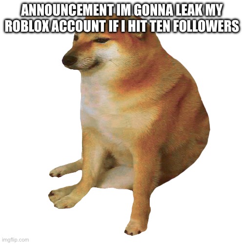 Heard it here folks also this is not self promotion don’t have to follow you can enjoy the meme free | ANNOUNCEMENT IM GONNA LEAK MY ROBLOX ACCOUNT IF I HIT TEN FOLLOWERS | image tagged in cheems | made w/ Imgflip meme maker