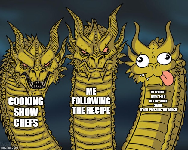 Cooking | ME FOLLOWING THE RECIPE; ME WHEN IT SAYS "FOLD GENTLY" AND I START BENCH-PRESSING THE DOUGH; COOKING SHOW CHEFS | image tagged in three-headed dragon | made w/ Imgflip meme maker
