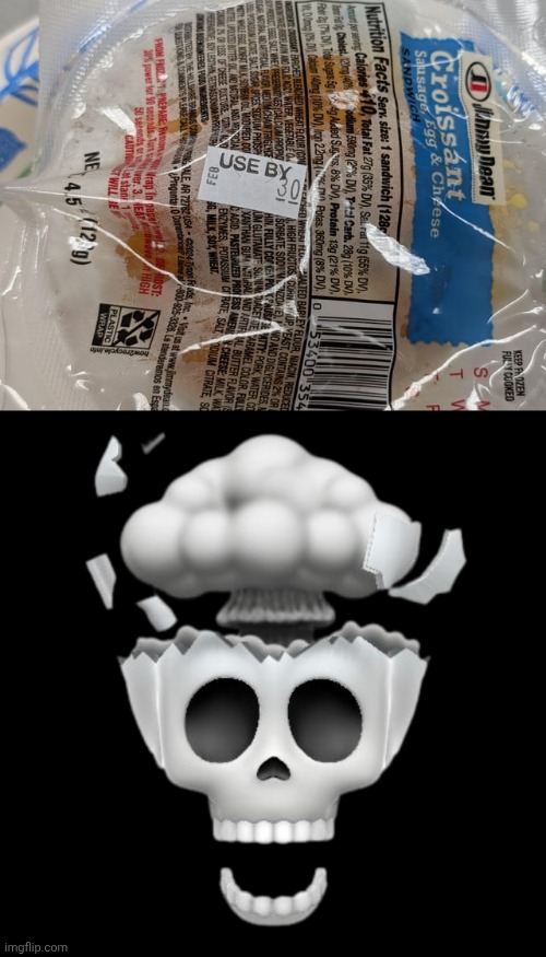 "Use by Feb 30" | image tagged in mindblown skull,sandwich,croissant,memes,you had one job,february | made w/ Imgflip meme maker