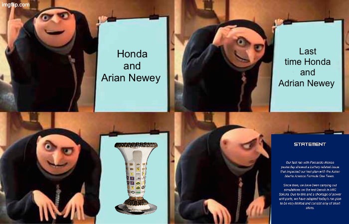Honda + Aston Martin | Honda and Arian Newey; Last time Honda and Adrian Newey | image tagged in memes,gru's plan | made w/ Imgflip meme maker