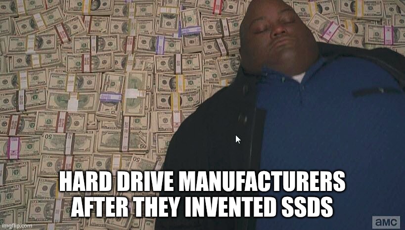 Fat guy laying on money | HARD DRIVE MANUFACTURERS AFTER THEY INVENTED SSDS | image tagged in fat guy laying on money | made w/ Imgflip meme maker