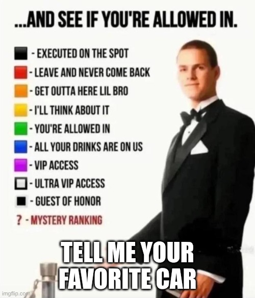 manufacturer | TELL ME YOUR FAVORITE CAR | image tagged in and see if you're allowed in,memes,cars | made w/ Imgflip meme maker