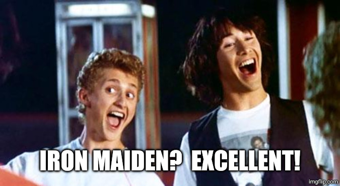 Bill and Ted | IRON MAIDEN?  EXCELLENT! | image tagged in bill and ted | made w/ Imgflip meme maker