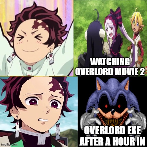 tanjiro reaction to overlord | WATCHING OVERLORD MOVIE 2; OVERLORD EXE AFTER A HOUR IN | image tagged in tanjiro reaction,overlord,anime,corruption,sonicexe,movies | made w/ Imgflip meme maker