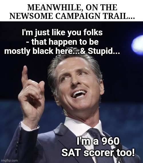 Gavin newsom | MEANWHILE, ON THE NEWSOME CAMPAIGN TRAIL... I'm just like you folks - that happen to be mostly black here...& Stupid... I'm a 960 SAT scorer too! | image tagged in gavin newsom | made w/ Imgflip meme maker