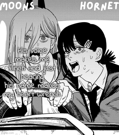 why'd that rhyme wtf | His voice makes me flinch and just hearing his name makes my heart wrench | image tagged in moons n hornet - power n kobeni temp | made w/ Imgflip meme maker