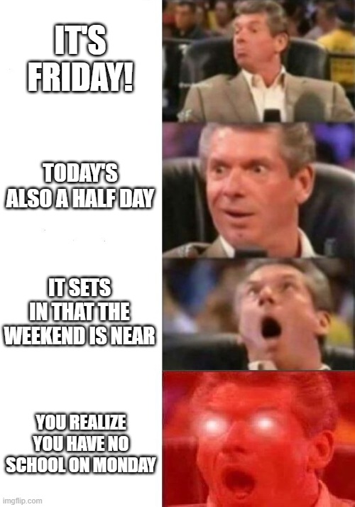 Gotta love this feeling... | IT'S FRIDAY! TODAY'S ALSO A HALF DAY; IT SETS IN THAT THE WEEKEND IS NEAR; YOU REALIZE YOU HAVE NO SCHOOL ON MONDAY | image tagged in mr mcmahon reaction | made w/ Imgflip meme maker