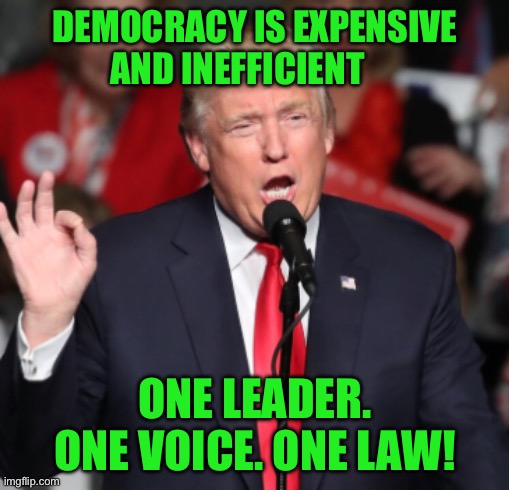 DEMOCRACY IS EXPENSIVE AND INEFFICIENT; ONE LEADER. ONE VOICE. ONE LAW! | made w/ Imgflip meme maker