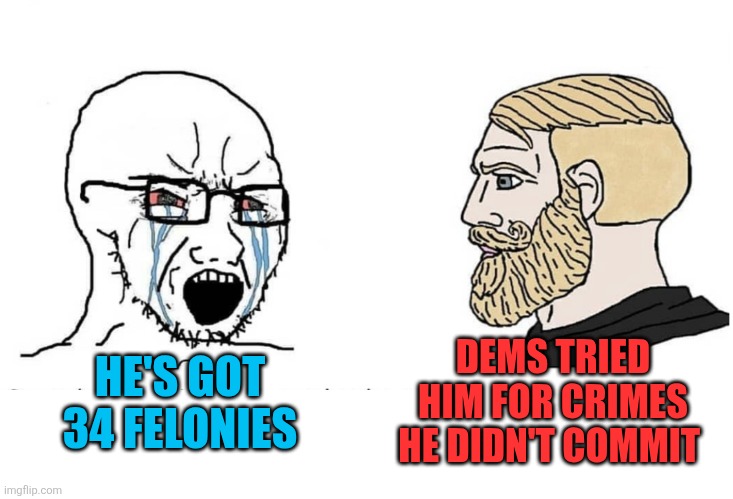 Trumped up crimes | HE'S GOT 34 FELONIES; DEMS TRIED HIM FOR CRIMES HE DIDN'T COMMIT | image tagged in soyboy vs yes chad | made w/ Imgflip meme maker
