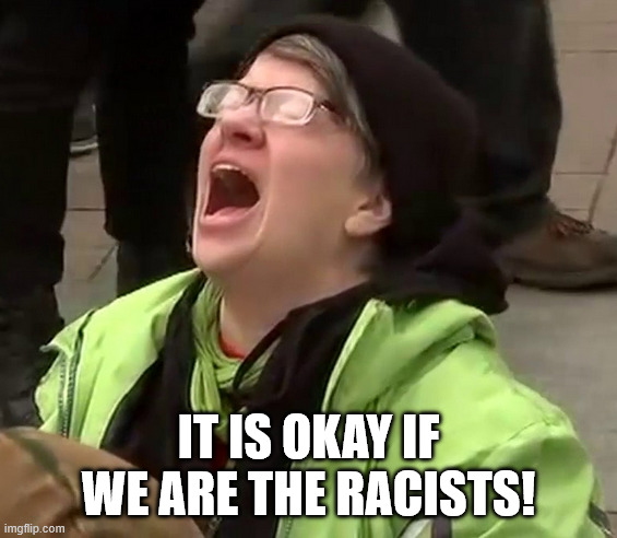 Crying liberal | IT IS OKAY IF WE ARE THE RACISTS! | image tagged in crying liberal | made w/ Imgflip meme maker