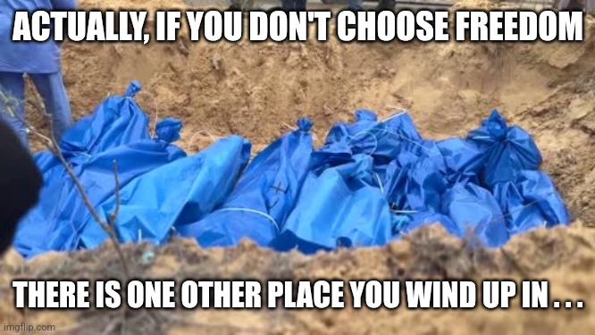 ACTUALLY, IF YOU DON'T CHOOSE FREEDOM THERE IS ONE OTHER PLACE YOU WIND UP IN . . . | image tagged in mass grave in gaza | made w/ Imgflip meme maker