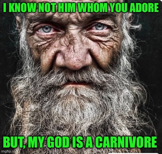 I KNOW NOT HIM WHOM YOU ADORE; BUT, MY GOD IS A CARNIVORE | image tagged in homeless | made w/ Imgflip meme maker