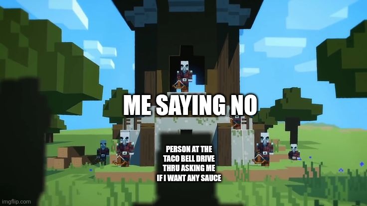 I don't want sauce every time I go to Taco Bell | ME SAYING NO; PERSON AT THE TACO BELL DRIVE THRU ASKING ME IF I WANT ANY SAUCE | image tagged in wandering trader at pillager outpost,memes,funny,food,taco bell,minecraft | made w/ Imgflip meme maker