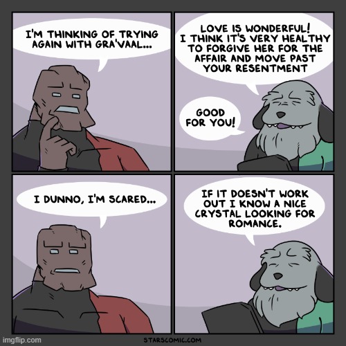 image tagged in stars,rock,dog,therapy,love,scared | made w/ Imgflip meme maker