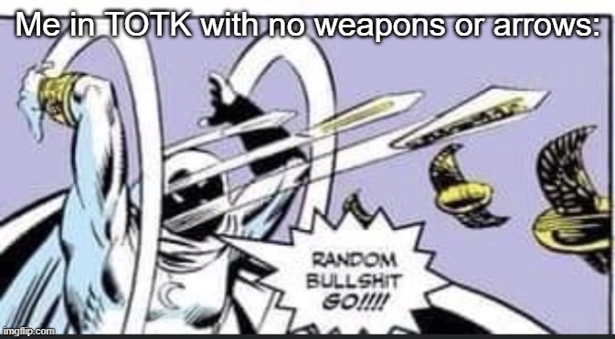 Random Bullshit Go | Me in TOTK with no weapons or arrows: | image tagged in random bullshit go | made w/ Imgflip meme maker