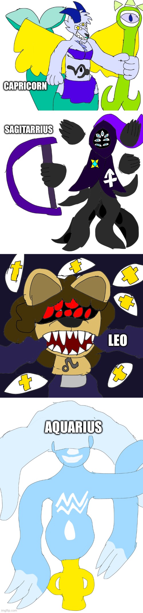 I made some Zodiac ocs | CAPRICORN; SAGITARRIUS; LEO; AQUARIUS | made w/ Imgflip meme maker