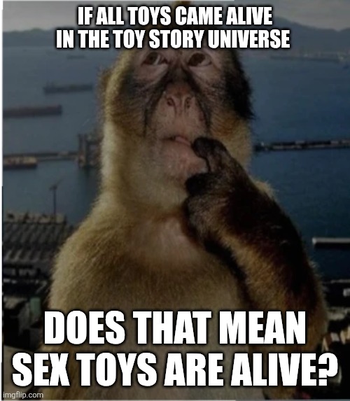 thinking monkey | IF ALL TOYS CAME ALIVE IN THE TOY STORY UNIVERSE; DOES THAT MEAN SEX TOYS ARE ALIVE? | image tagged in thinking monkey | made w/ Imgflip meme maker