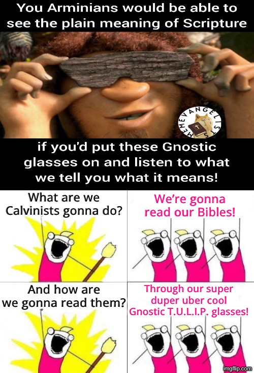 Through Our Gnostic Glasses | What are we Calvinists gonna do? We’re gonna read our Bibles! And how are we gonna read them? Through our super duper uber cool Gnostic T.U.L.I.P. glasses! | image tagged in what do we want,calvinism,calvinist memes,reformed theology,anti calvinism,the bible | made w/ Imgflip meme maker