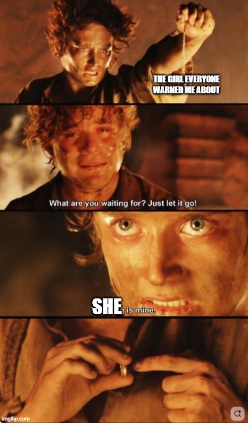 She's Mine | THE GIRL EVERYONE WARNED ME ABOUT; SHE | image tagged in the ring is mine | made w/ Imgflip meme maker