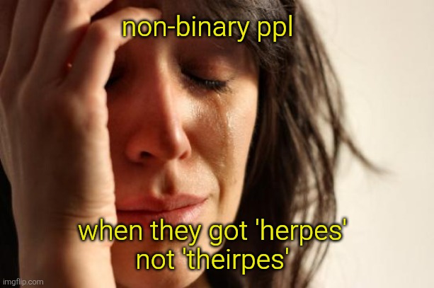 First World Problems Meme | non-binary ppl when they got 'herpes'
not 'theirpes' | image tagged in memes,first world problems | made w/ Imgflip meme maker