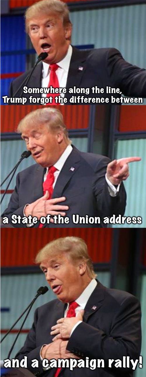 The most ridiculous State of the Union in recent history | Somewhere along the line, Trump forgot the difference between; a State of the Union address; and a campaign rally! | image tagged in bad pun trump | made w/ Imgflip meme maker