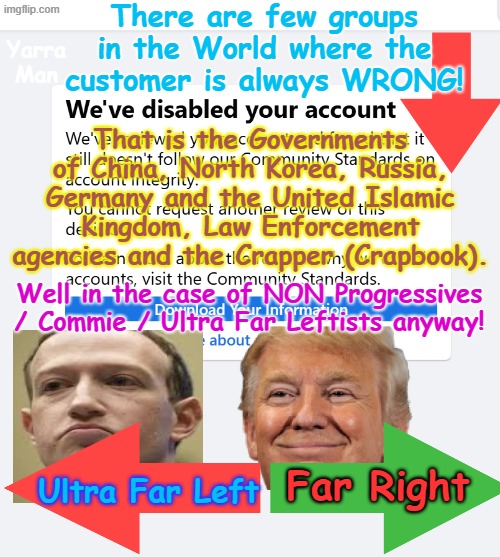 There are few groups in the World where the customer / underlings are ALWAYS WRONG! | There are few groups in the World where the customer is always WRONG! Yarra Man; That is the Governments of China, North Korea, Russia, Germany and the United Islamic Kingdom, Law Enforcement agencies and the Crapper (Crapbook). Well in the case of NON Progressives / Commie / Ultra Far Leftists anyway! Ultra Far Left; Far Right | image tagged in facebook msnbc cnn abc cbs,ultra far left democrats meta,russia,china,north korea united kingdom germany australia | made w/ Imgflip meme maker