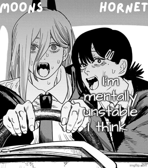 moons n hornet - power n kobeni temp | I'm mentally unstable I think | image tagged in moons n hornet - power n kobeni temp | made w/ Imgflip meme maker