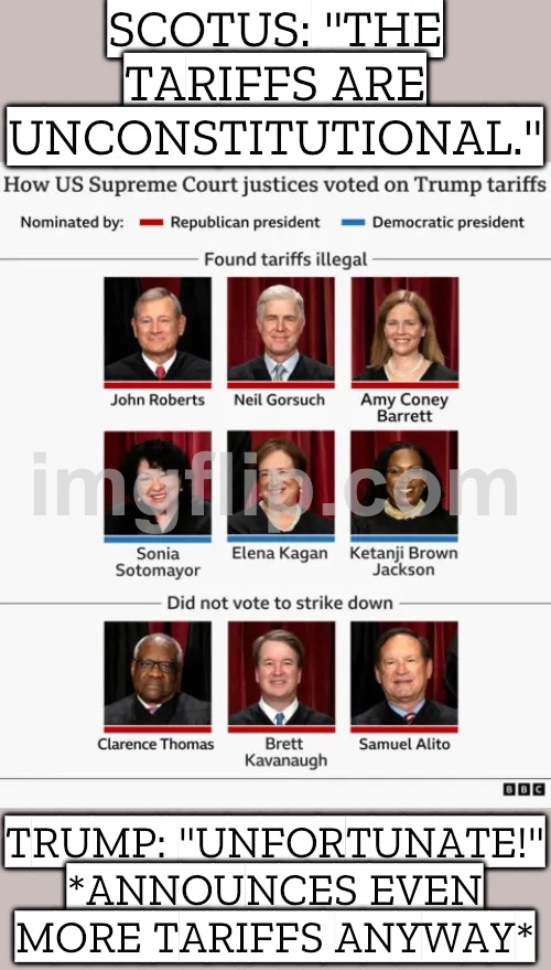 TRUMP: "SCOTUS TARIFF RULING IS UNFORTUNATE!"; ALSO TRUMP: "ANYWAY, HERE COMES TARIFF PLAN B." | SCOTUS: "THE TARIFFS ARE UNCONSTITUTIONAL."; TRUMP: "UNFORTUNATE!"
*ANNOUNCES EVEN MORE TARIFFS ANYWAY* | image tagged in tariffs ruling,donald trump,tariffs,trade,supreme court,wars | made w/ Imgflip meme maker