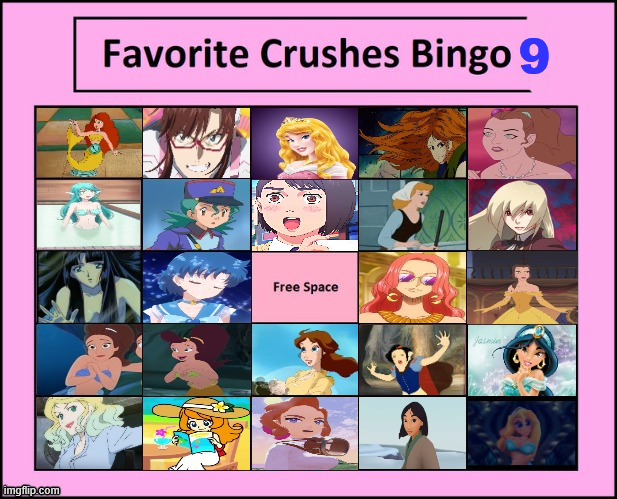 favorite crushes bingo 9 | 9 | image tagged in crushes bingo 9,favorite crushes bingo,bingos,anime,nintendo,disney princesses | made w/ Imgflip meme maker