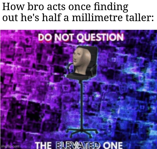 Do not question the elevated one | How bro acts once finding out he's half a millimetre taller: | image tagged in do not question the elevated one | made w/ Imgflip meme maker