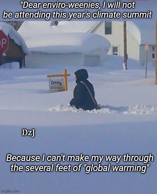 No More Green New Scam | "Dear enviro-weenies, I will not be attending this year's climate summit; DzJ; Because I can't make my way through the several feet of "global warming" | image tagged in brainwashed,libtard,dumbass,idiots,you've been invited to dumbass university | made w/ Imgflip meme maker