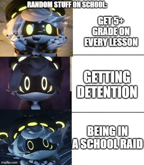 i was in a school raid... once. | RANDOM STUFF ON SCHOOL:; GET 5+ GRADE ON EVERY LESSON; GETTING DETENTION; BEING IN A SCHOOL RAID | image tagged in n's fright level | made w/ Imgflip meme maker