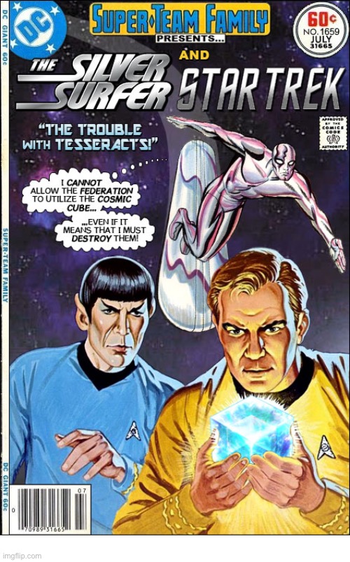 image tagged in comics,the silver surfer,kirk and spock,star trek,crossover,super team family | made w/ Imgflip meme maker