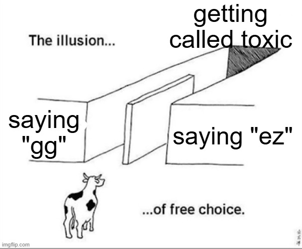 hmmm... | getting called toxic; saying "gg"; saying "ez" | image tagged in illusion of free choice | made w/ Imgflip meme maker