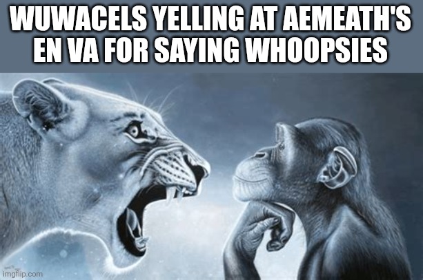 This is ABSOLUTE RAGEBAIT OF TWITTER HISTORY | WUWACELS YELLING AT AEMEATH'S EN VA FOR SAYING WHOOPSIES | image tagged in tiger yell at pondering monkey,wuthering waves | made w/ Imgflip meme maker