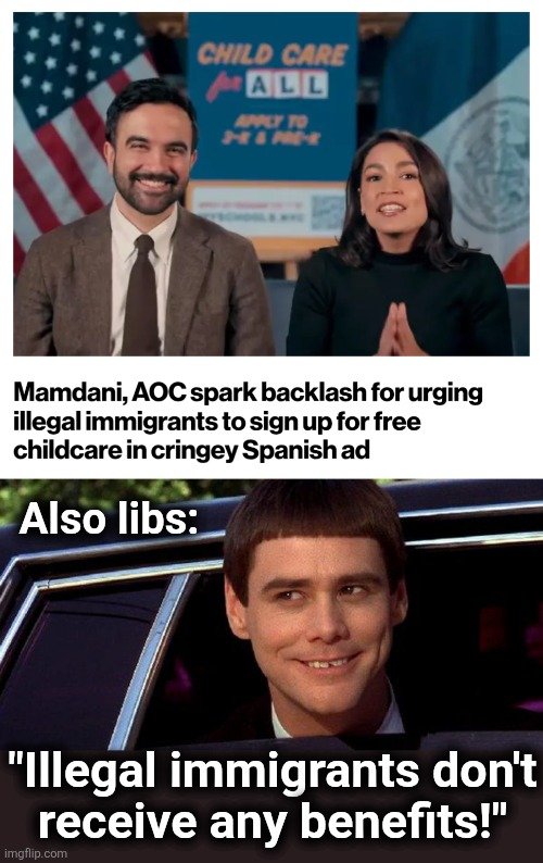 More Learing Centers | Also libs:; "Illegal immigrants don't
receive any benefits!" | image tagged in dumb and dumber,memes,illegal immigrants,benefits,democrats,zohran mamdani | made w/ Imgflip meme maker