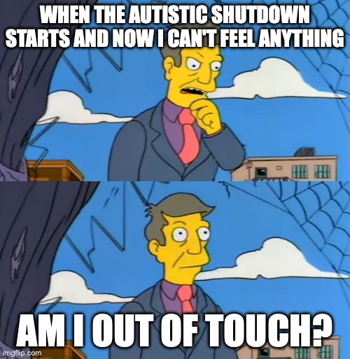 Simpsons Principle | WHEN THE AUTISTIC SHUTDOWN STARTS AND NOW I CAN'T FEEL ANYTHING; AM I OUT OF TOUCH? | image tagged in simpsons principle | made w/ Imgflip meme maker