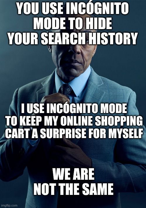 Gus Fring we are not the same | YOU USE INCÓGNITO MODE TO HIDE YOUR SEARCH HISTORY; I USE INCÓGNITO MODE TO KEEP MY ONLINE SHOPPING CART A SURPRISE FOR MYSELF; WE ARE NOT THE SAME | image tagged in gus fring we are not the same,relatable,search history,why are you reading this | made w/ Imgflip meme maker