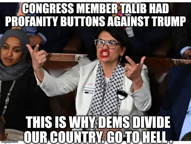 Vote This a-hole out of Congress | CONGRESS MEMBER TALIB HAD PROFANITY BUTTONS AGAINST TRUMP; THIS IS WHY DEMS DIVIDE OUR COUNTRY. GO TO HELL . | image tagged in leftists,squad,talib,liberals,democratic socialism,congress | made w/ Imgflip meme maker