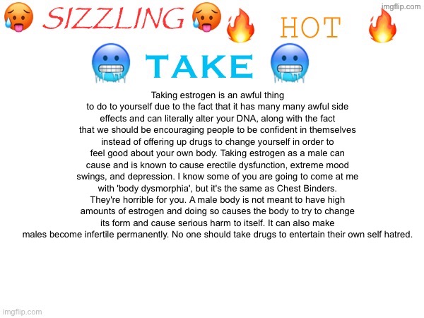 sizzling hot take | Taking estrogen is an awful thing to do to yourself due to the fact that it has many many awful side effects and can literally alter your DNA, along with the fact that we should be encouraging people to be confident in themselves instead of offering up drugs to change yourself in order to feel good about your own body. Taking estrogen as a male can cause and is known to cause erectile dysfunction, extreme mood swings, and depression. I know some of you are going to come at me with 'body dysmorphia', but it's the same as Chest Binders. They're horrible for you. A male body is not meant to have high amounts of estrogen and doing so causes the body to try to change its form and cause serious harm to itself. It can also make
males become infertile permanently. No one should take drugs to entertain their own self hatred. | image tagged in sizzling hot take | made w/ Imgflip meme maker