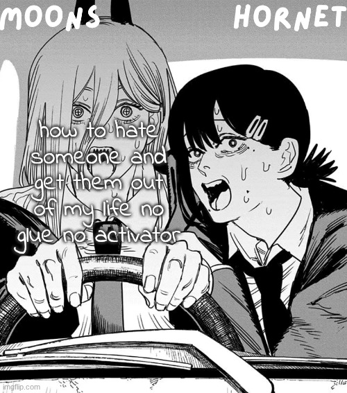 moons n hornet - power n kobeni temp | how to hate someone and get them out of my life no glue no activator | image tagged in moons n hornet - power n kobeni temp | made w/ Imgflip meme maker