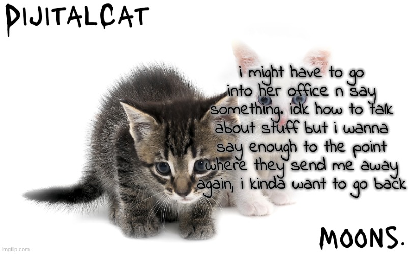 but they'll make me talk about it and i genuinely dunno how to | i might have to go into her office n say something. idk how to talk about stuff but i wanna say enough to the point where they send me away again, i kinda want to go back | image tagged in moons and dijitalcat kitty temp | made w/ Imgflip meme maker