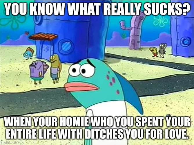 You guys relate to this? | YOU KNOW WHAT REALLY SUCKS? WHEN YOUR HOMIE WHO YOU SPENT YOUR ENTIRE LIFE WITH DITCHES YOU FOR LOVE. | image tagged in wait you guys actually ___,memes,homie,relatable memes,idk what to put here | made w/ Imgflip meme maker