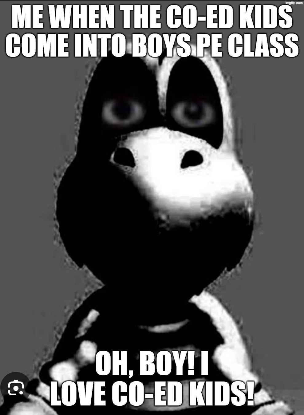 I don't like Co-Ed Kids. (This isn't me being racist, this is literally another class in my school) | ME WHEN THE CO-ED KIDS COME INTO BOYS PE CLASS; OH, BOY! I LOVE CO-ED KIDS! | image tagged in prowler dry bones,mario,school,gym | made w/ Imgflip meme maker