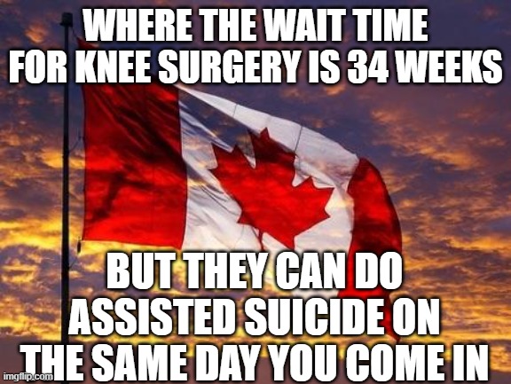 Canada | WHERE THE WAIT TIME FOR KNEE SURGERY IS 34 WEEKS; BUT THEY CAN DO ASSISTED SUICIDE ON THE SAME DAY YOU COME IN | image tagged in canada | made w/ Imgflip meme maker