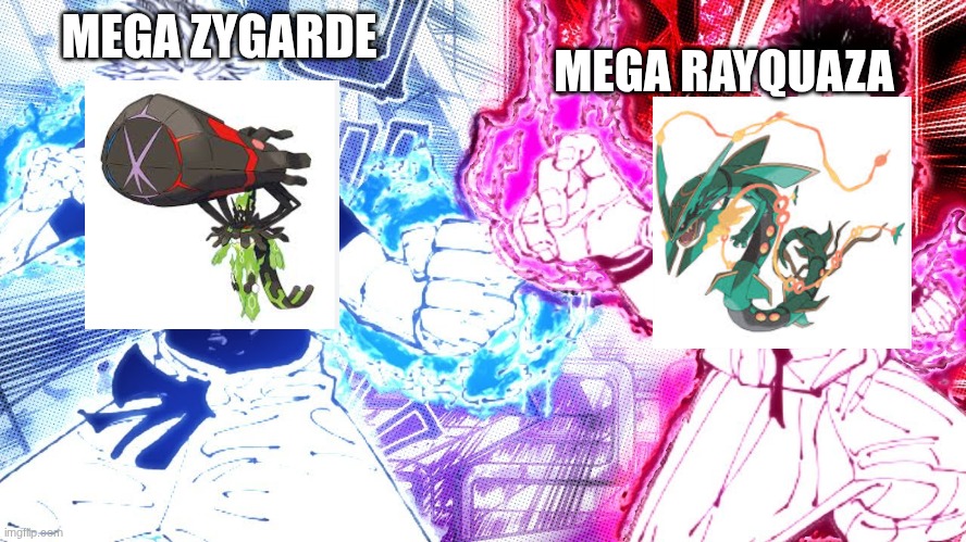 Strongest mega in history vs strongest mega of today. | MEGA RAYQUAZA; MEGA ZYGARDE | image tagged in gojo vs sukana | made w/ Imgflip meme maker
